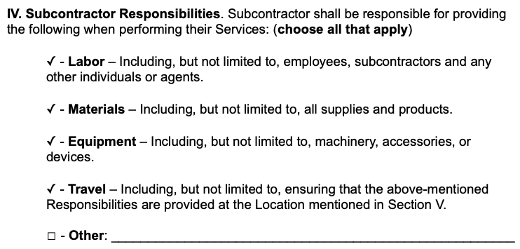 Item IV Subcontractor Responsibilites