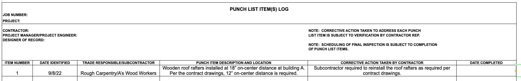 Punch List Item Example