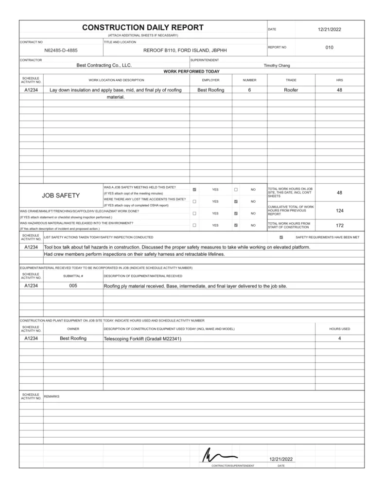 Construction daily report template for your project. 