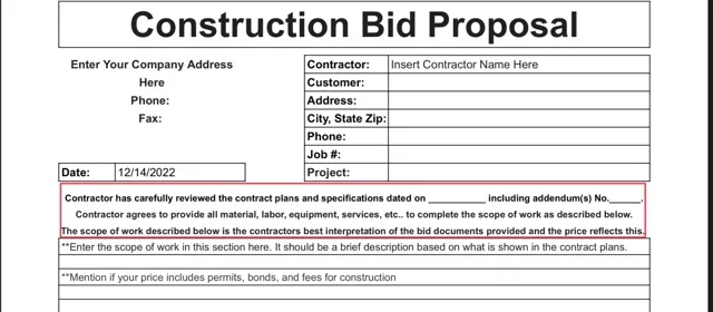 Include the plans and specs used while creating your bid. Include when the document was dated for reference as well. This will protect you if the owner or general contractor comes after you for work that was included on a post bid document.