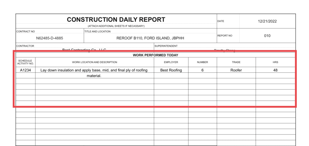 Construction daily report description of work section with labor hours included