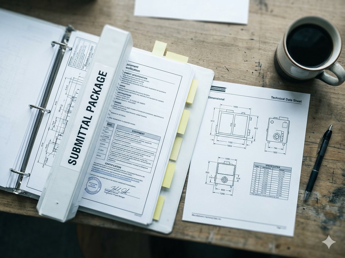 A submittal package binder open on a desk with yellow tabs, alongside a printed manufacturer's cut sheet showing technical data and dimensional drawings for HVAC equipment